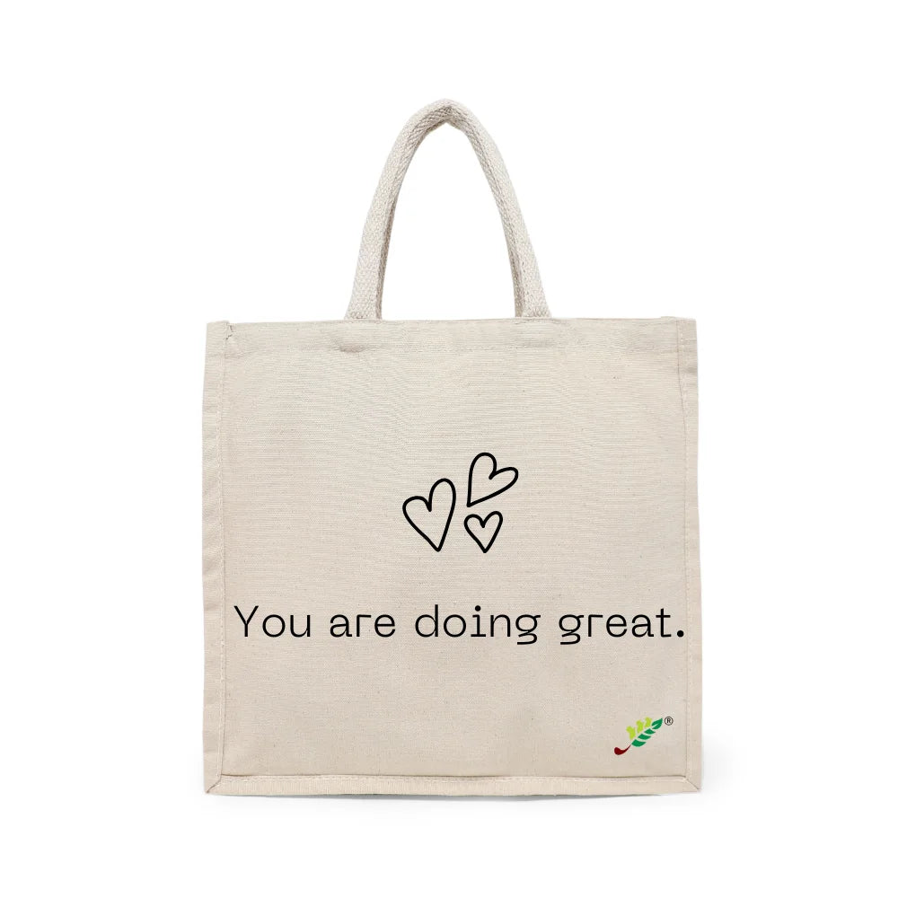 BYFT Inspirational Tote Bag – “You Are Doing Great” Heart Printed Reusable Tote | Eco-Friendly Daily Carry Bag (Set of 1)