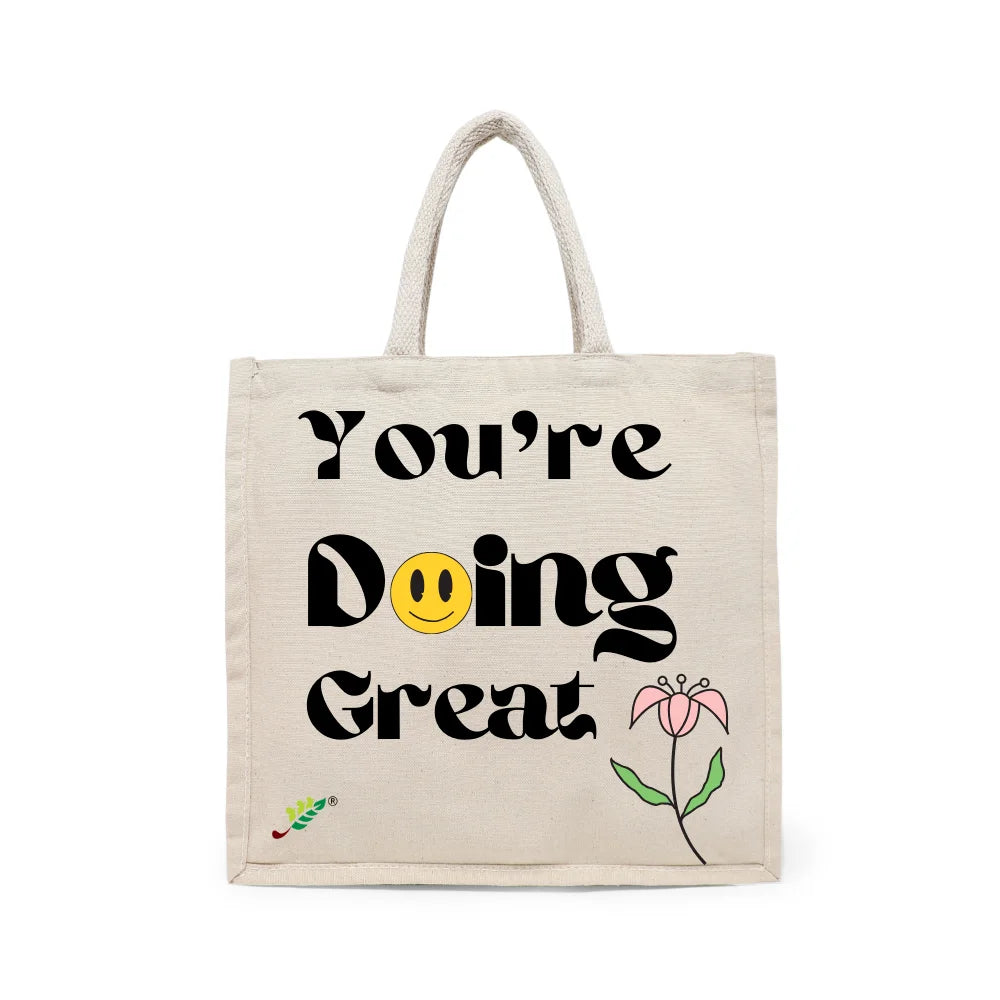 BYFT Retro "You're Doing Great" Tote Bag – Groovy Smiley Face & Floral Printed Reusable Tote | Eco-Friendly Daily Carry Bag (Set of 1)