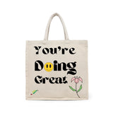 BYFT Retro "You're Doing Great" Tote Bag – Groovy Smiley Face & Floral Printed Reusable Tote | Eco-Friendly Daily Carry Bag (Set of 1)