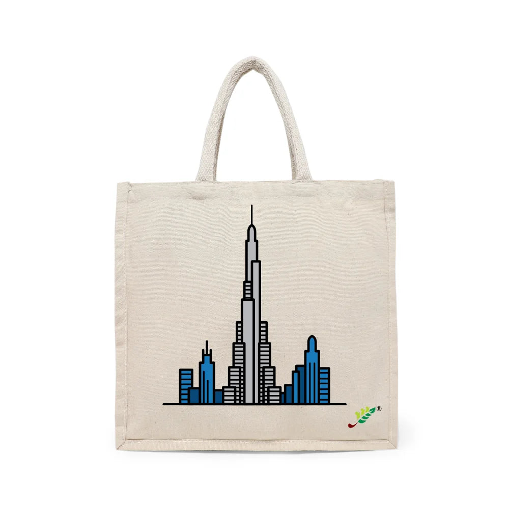 BYFT Modern Cityscape Tote Bag – Dubai Rise Skyline Printed Reusable Tote | Eco-Friendly Daily Carry Bag (Set of 1)