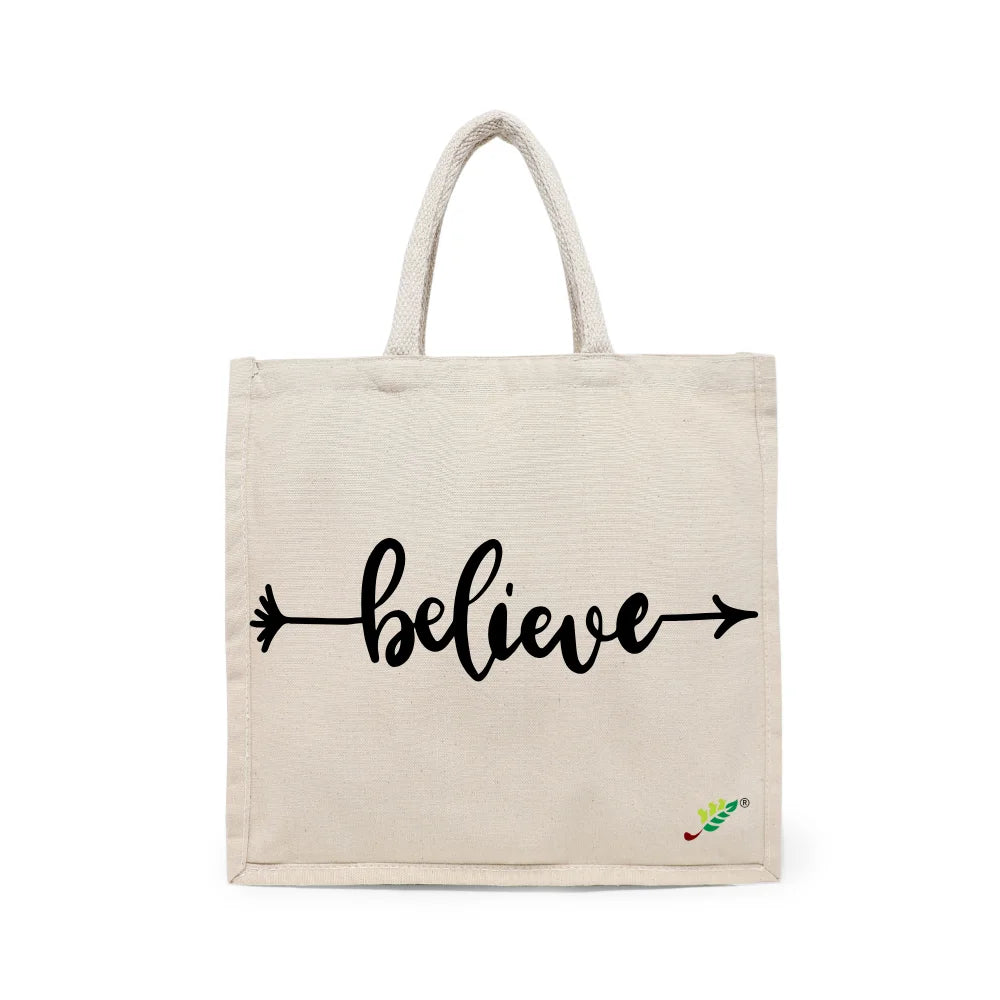 BYFT Minimalist Motivational Tote Bag Believe, Inspirational Printed Reusable Tote Everyday Eco-Friendly Carry Set of 1