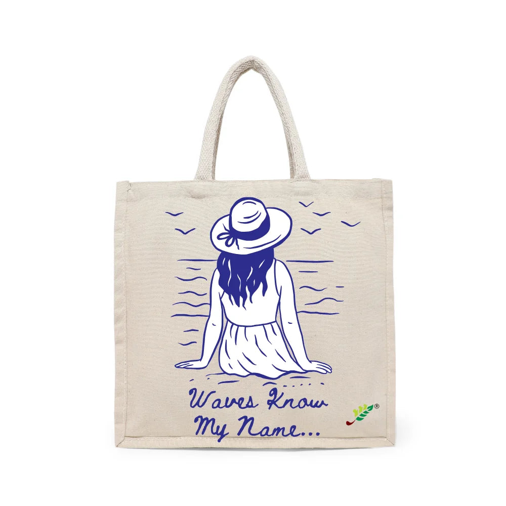 BYFT Nautical Women's Tote Bag – “Waves Know My Name” Blue Reusable Tote | Eco-Friendly Daily Carry Bag (Set of 1)