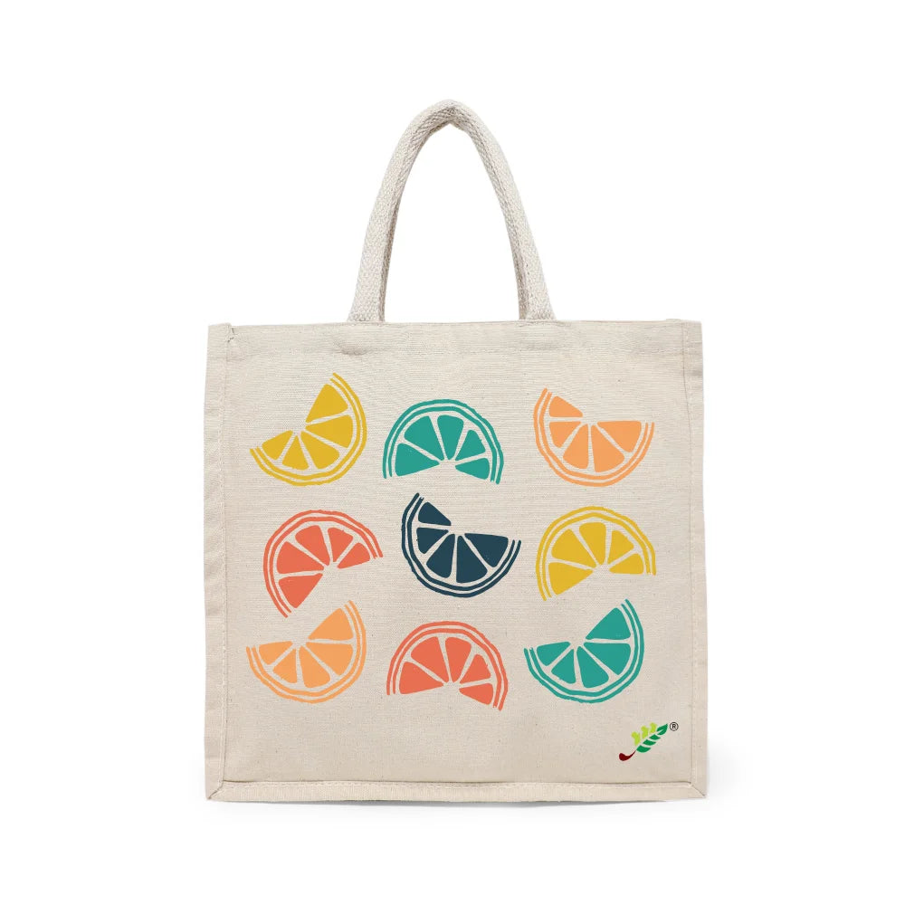 BYFT Vibrant Fruit Tote Bag – Colorful Citrus Slice Printed Reusable Tote | Eco-Friendly Daily Carry Bag (Set of 1)