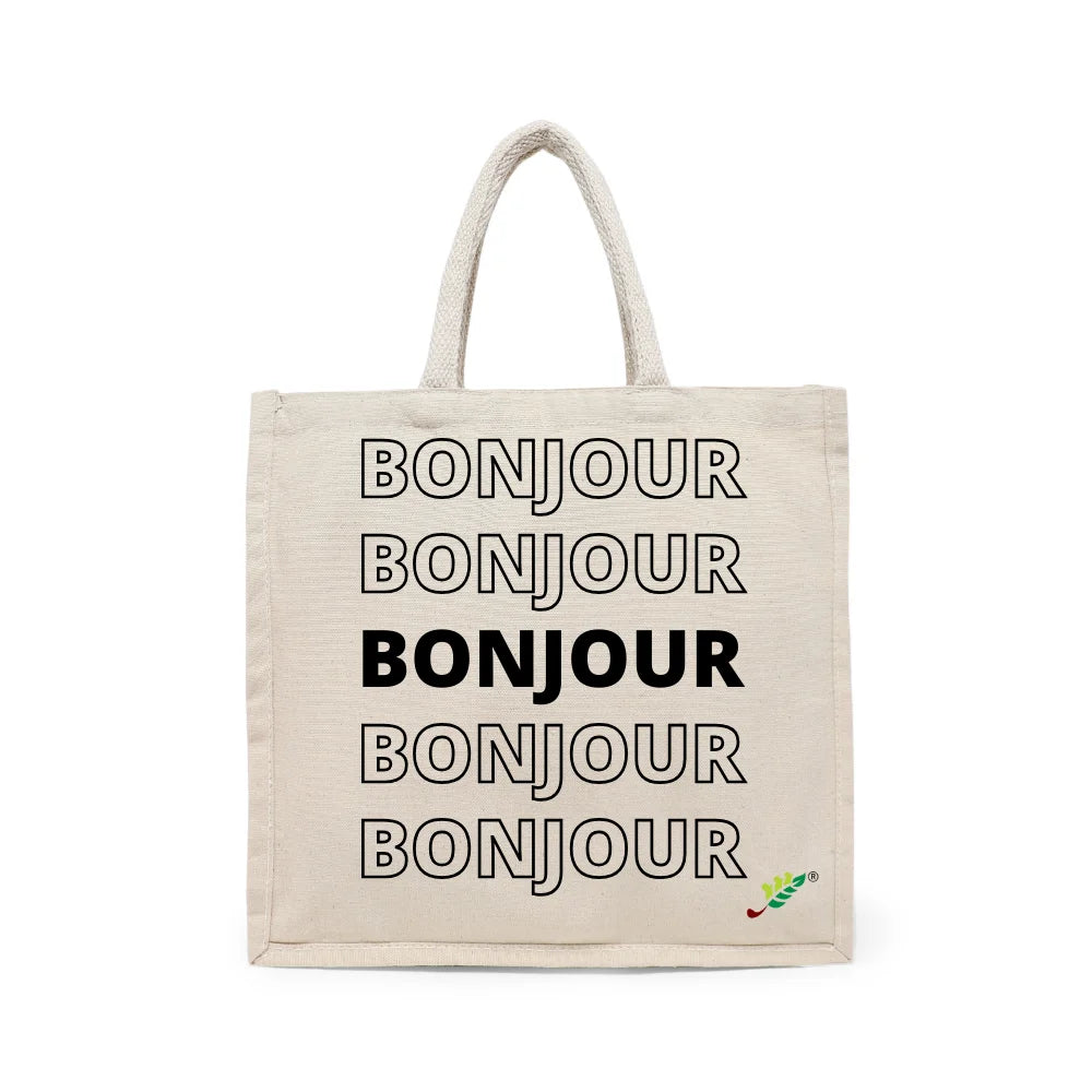 BYFT Typography Tote Bag – “Bonjour” Minimal Text Printed Tote | Reusable Everyday Carry (Set of 1)