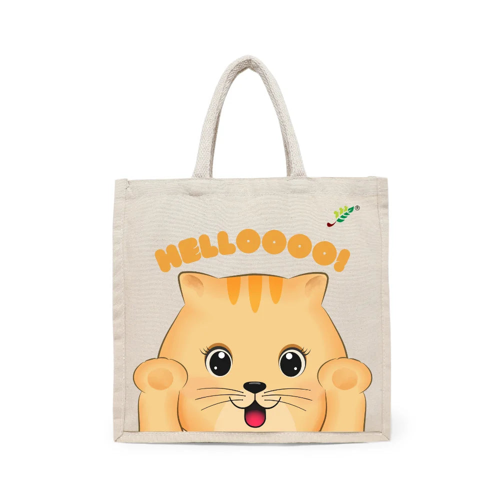 BYFT Friendly Cat Tote Bag – “HELLOOOO!” Ginger Kitten Printed Reusable Tote | Eco-Friendly Daily Carry Bag (Set of 1)