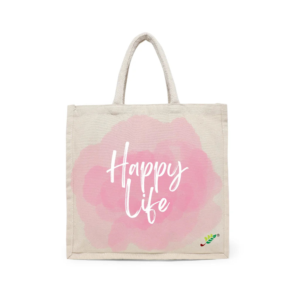 BYFT Aesthetic Lifestyle Tote Bag – “Happy Life” Printed Reusable Tote | Eco-Friendly Daily Carry Bag (Set of 1)