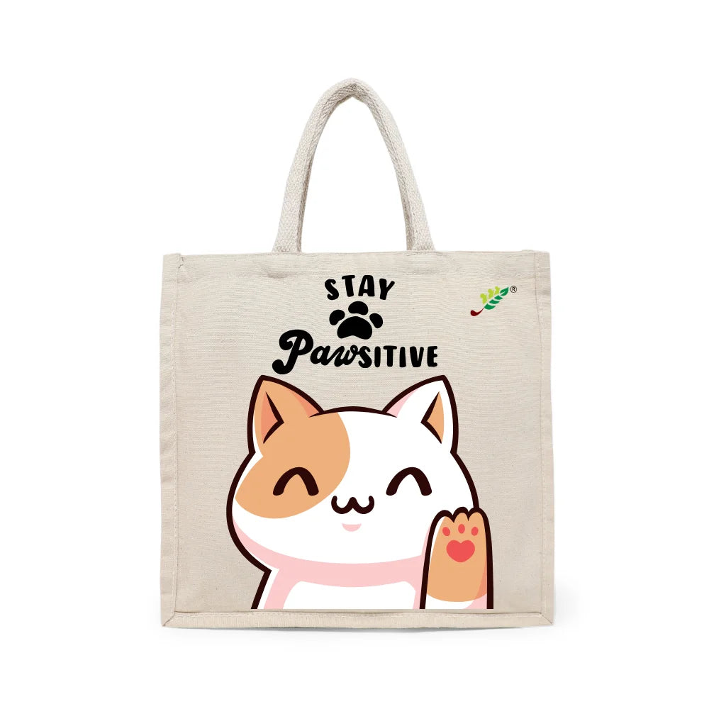 BYFT Happy Cat Tote Bag – “Stay Pawsitive” Waving Kitten Printed Reusable Tote | Eco-Friendly Daily Carry Bag (Set of 1)
