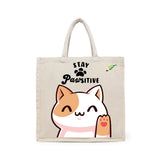 BYFT Happy Cat Tote Bag – “Stay Pawsitive” Waving Kitten Printed Reusable Tote | Eco-Friendly Daily Carry Bag (Set of 1)