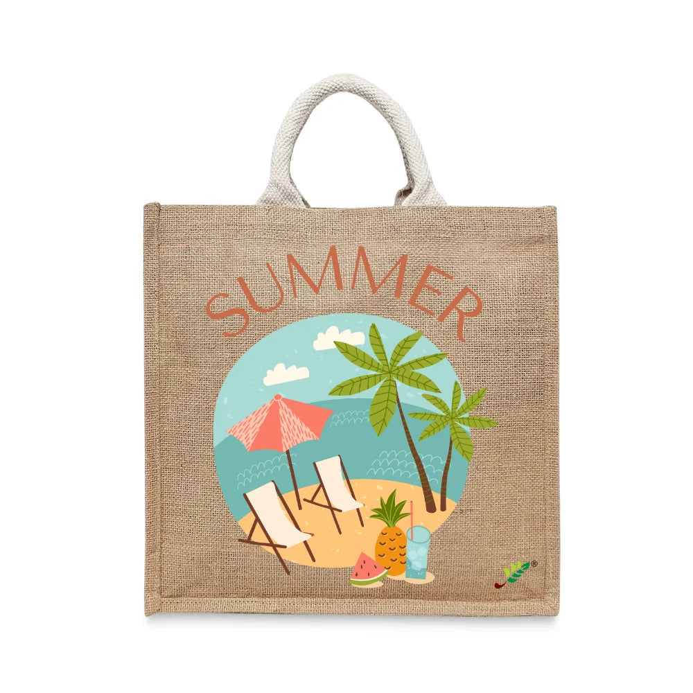 BYFT Tropical Beach Tote Bag – “SUMMER” Vacation Scene Printed Reusable Tote | Eco-Friendly Daily Carry Bag (Set of 1)