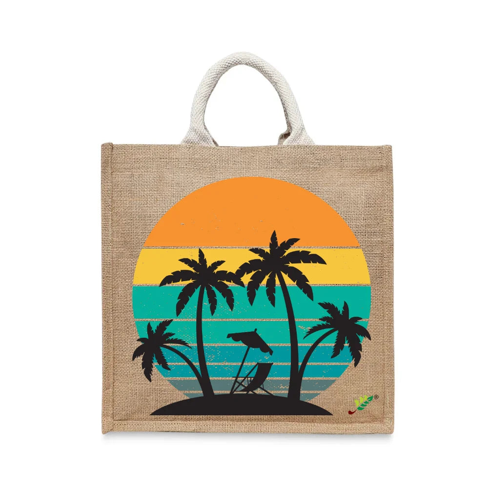 BYFT Retro Sunset & Palms Tote Bag – Vintage Tropical Beach Printed Reusable Tote | Eco-Friendly Daily Carry Bag (Set of 1)