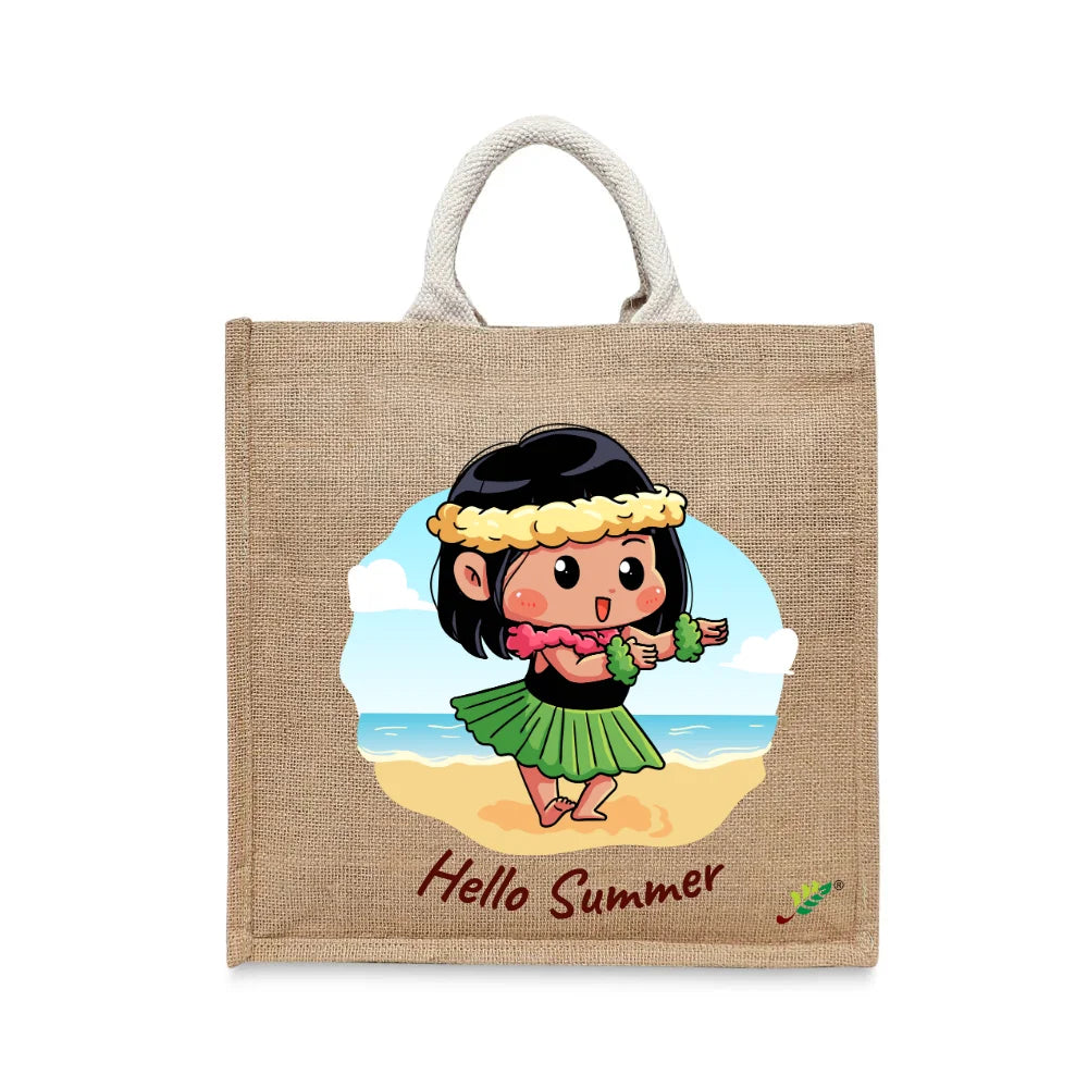BYFT Little Island Dancer Tote Bag – “Hello Summer” Hula Girl Printed Reusable Tote | Eco-Friendly Daily Carry Bag (Set of 1)