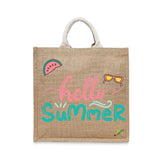 BYFT Tropical Beach Tote Bag – “Hello Summer” Script with Watermelon & Sunglasses Reusable Tote | Eco-Friendly Daily Carry Bag (Set of 1)