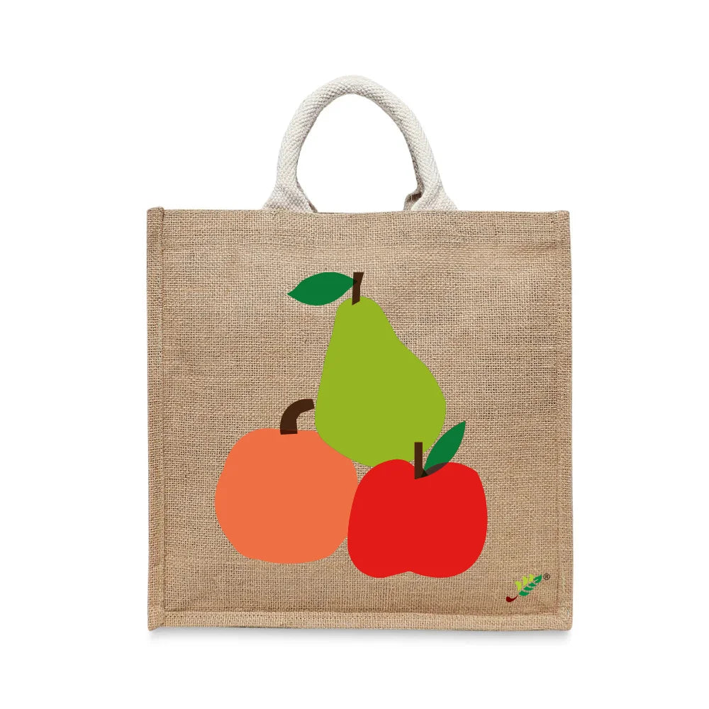 BYFT Vibrant Fruit Stack Tote Bag – Artistic Apple, Pear & Peach Printed Reusable Tote | Eco-Friendly Daily Carry Bag (Set of 1)