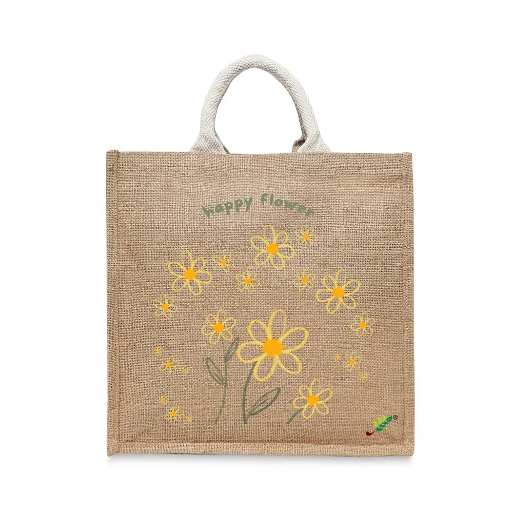 BYFT Whimsical Floral Tote Bag – “Happy Flower” Daisy Reusable Tote | Eco-Friendly Daily Carry Bag (Set of 1)