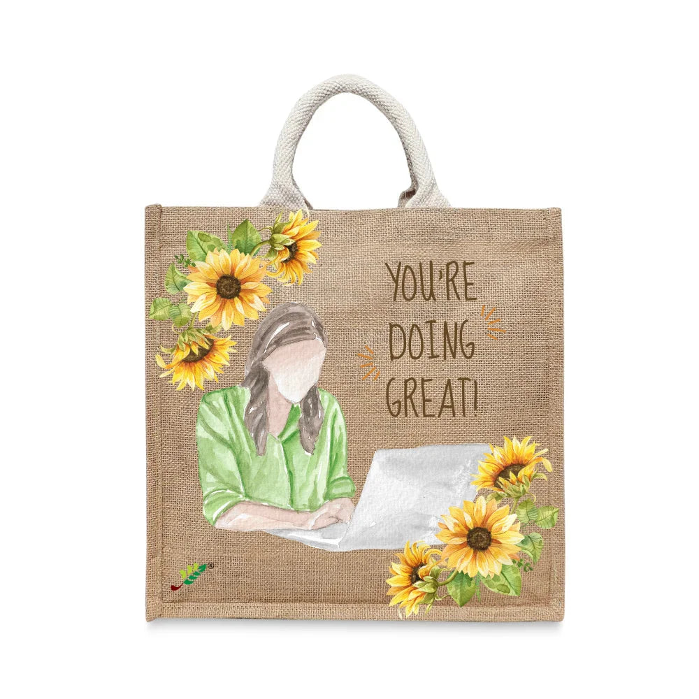 BYFT Inspirational "You're Doing Great" Tote Bag – Sunflower Printed Reusable Tote | Eco-Friendly Daily Carry Bag (Set of 1)