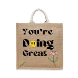 BYFT Retro "You're Doing Great" Tote Bag – Groovy Smiley Face & Floral Printed Reusable Tote | Eco-Friendly Daily Carry Bag (Set of 1)