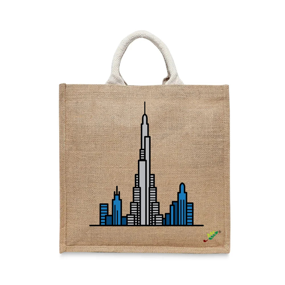 BYFT Modern Cityscape Tote Bag – Dubai Rise Skyline Printed Reusable Tote | Eco-Friendly Daily Carry Bag (Set of 1)