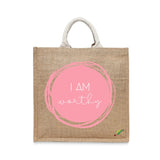 BYFT Affirmation Tote Bag – “I Am Worthy” Pink Artistic Circle Printed Reusable Tote | Eco-Friendly Daily Carry Bag (Set of 1)