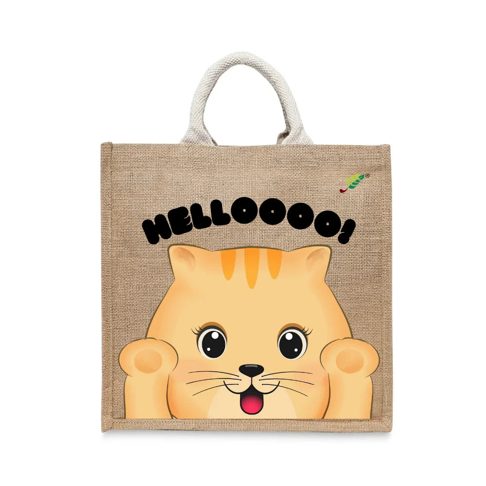 BYFT Friendly Cat Tote Bag – “HELLOOOO!” Ginger Kitten Printed Reusable Tote | Eco-Friendly Daily Carry Bag (Set of 1)