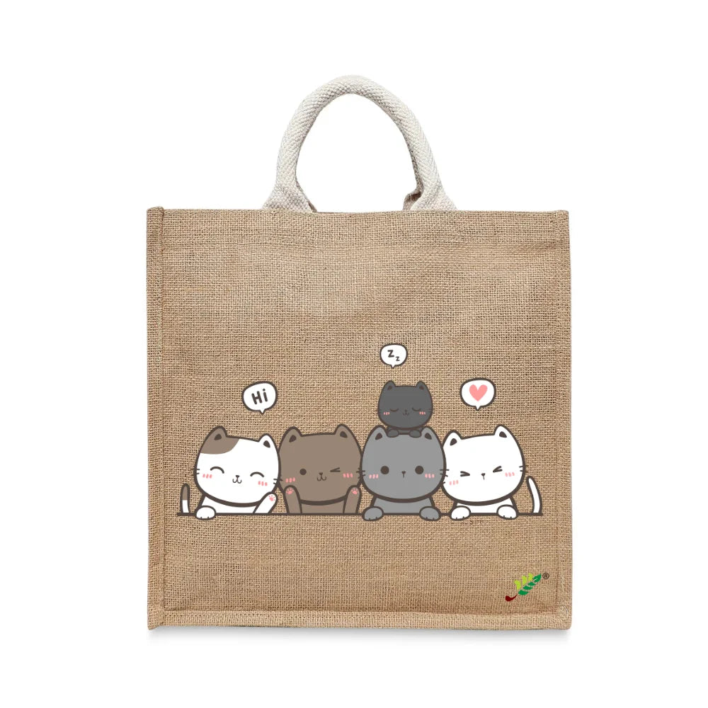 BYFT Adorable Feline Friends Tote Bag – Cute Kitty Printed Reusable Tote | Eco-Friendly Daily Carry Bag (Set of 1)