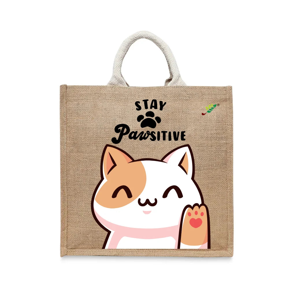 BYFT Happy Cat Tote Bag – “Stay Pawsitive” Waving Kitten Printed Reusable Tote | Eco-Friendly Daily Carry Bag (Set of 1)