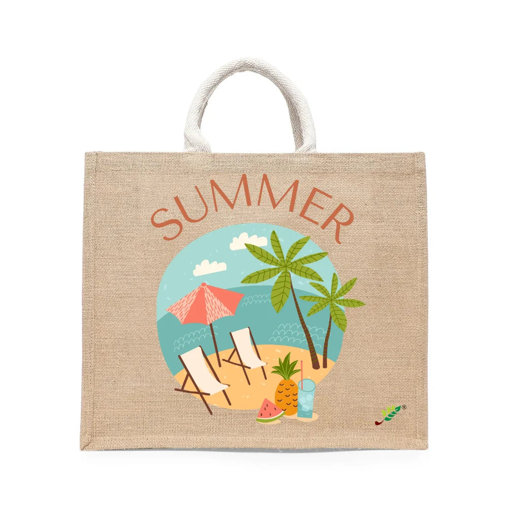 BYFT Tropical Beach Tote Bag – “SUMMER” Vacation Scene Printed Reusable Tote | Eco-Friendly Daily Carry Bag (Set of 1)