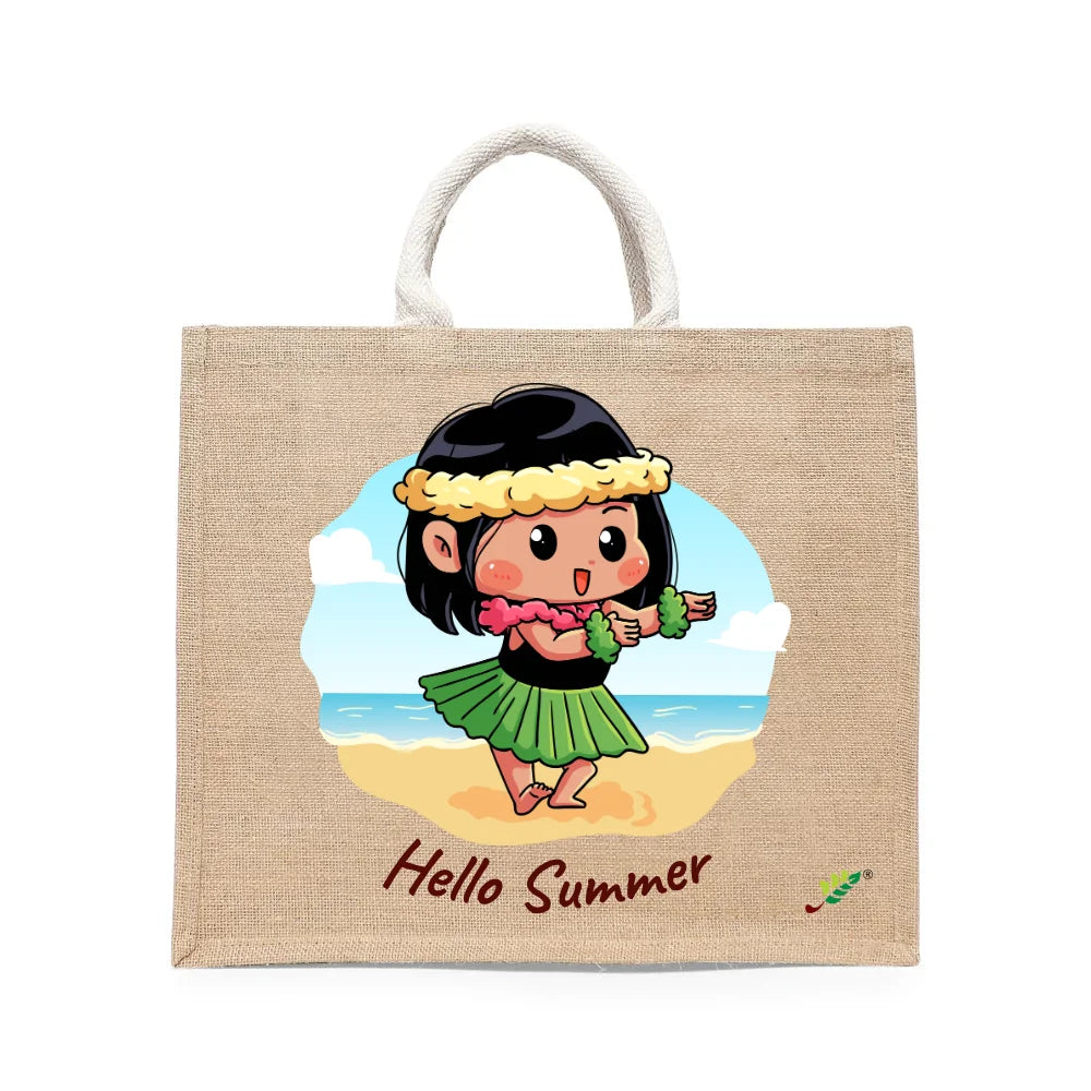 BYFT Little Island Dancer Tote Bag – “Hello Summer” Hula Girl Printed Reusable Tote | Eco-Friendly Daily Carry Bag (Set of 1)