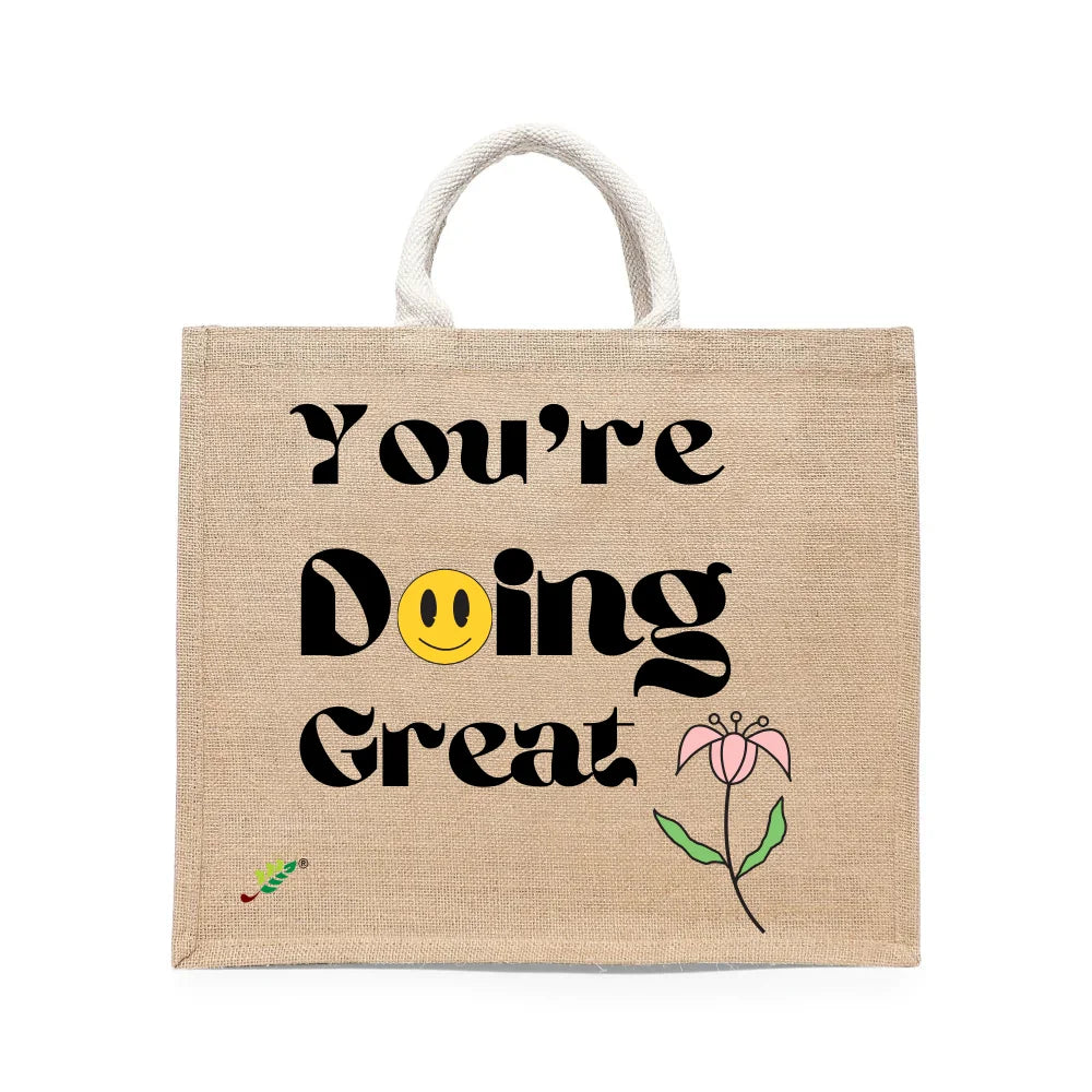 BYFT Retro "You're Doing Great" Tote Bag – Groovy Smiley Face & Floral Printed Reusable Tote | Eco-Friendly Daily Carry Bag (Set of 1)
