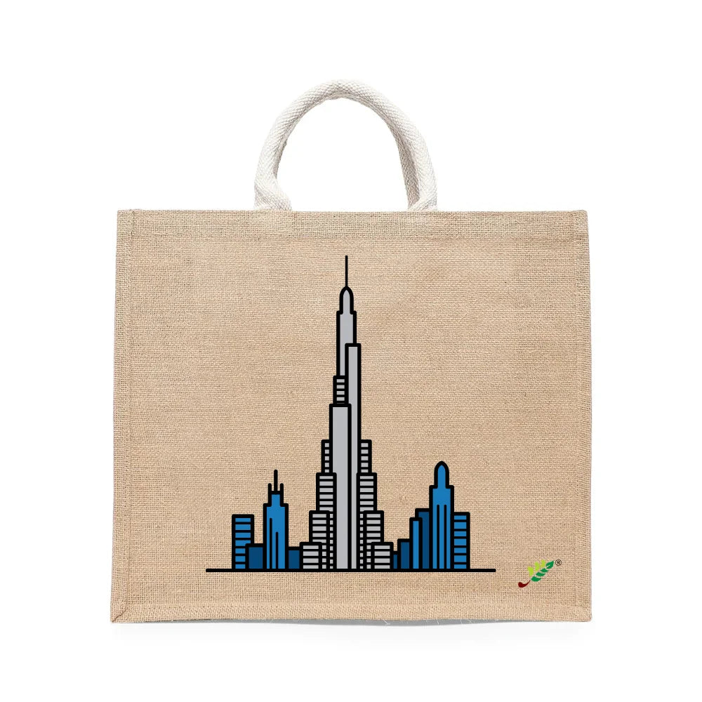 BYFT Modern Cityscape Tote Bag – Dubai Rise Skyline Printed Reusable Tote | Eco-Friendly Daily Carry Bag (Set of 1)