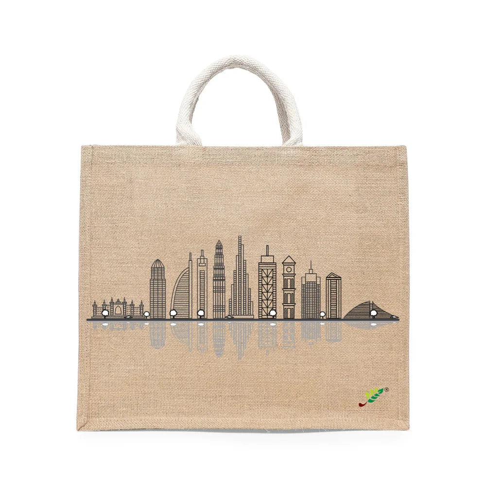 BYFT Modern Cityscape Tote Bag – Dubai Skyline Line Art Printed Reusable Tote | Eco-Friendly Daily Carry Bag (Set of 1)