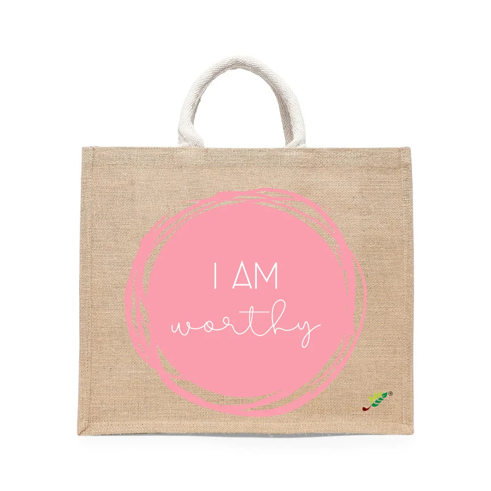 BYFT Affirmation Tote Bag – “I Am Worthy” Pink Artistic Circle Printed Reusable Tote | Eco-Friendly Daily Carry Bag (Set of 1)
