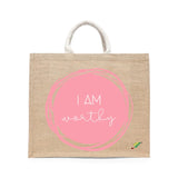 BYFT Affirmation Tote Bag – “I Am Worthy” Pink Artistic Circle Printed Reusable Tote | Eco-Friendly Daily Carry Bag (Set of 1)