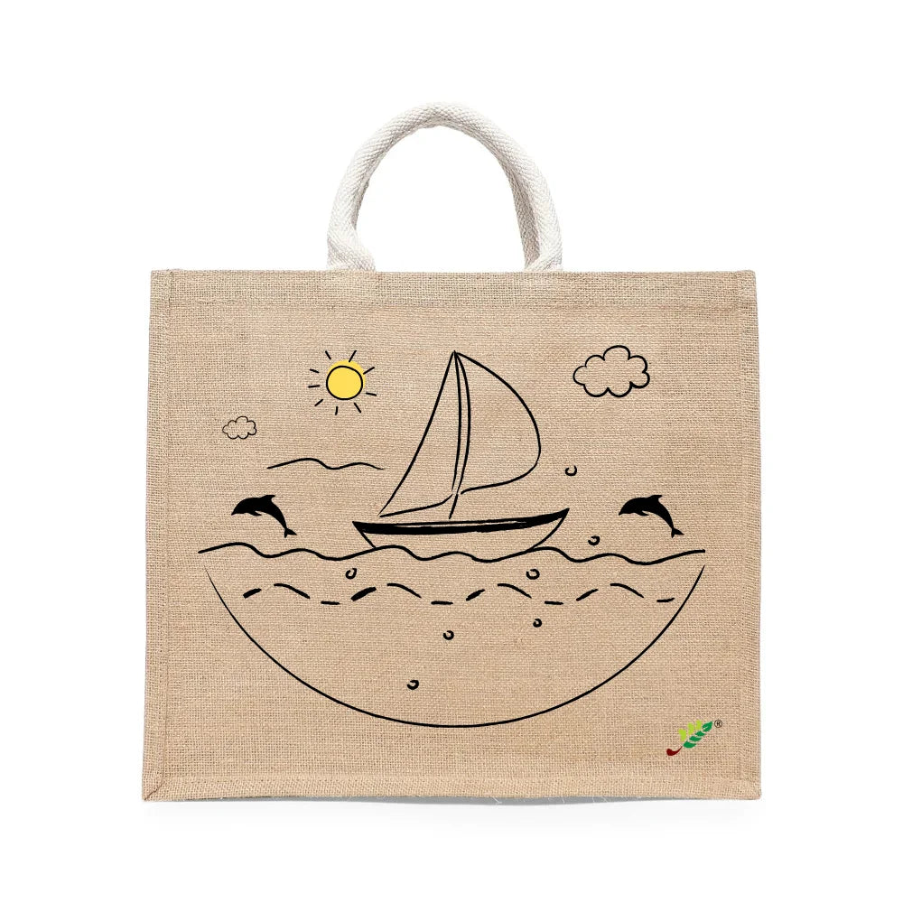 BYFT Nautical Adventure Tote Bag – “Ocean Dreams” Sailboat & Dolphin Printed Reusable Tote | Eco-Friendly Daily Carry Bag (Set of 1)