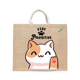 BYFT Happy Cat Tote Bag – “Stay Pawsitive” Waving Kitten Printed Reusable Tote | Eco-Friendly Daily Carry Bag (Set of 1)