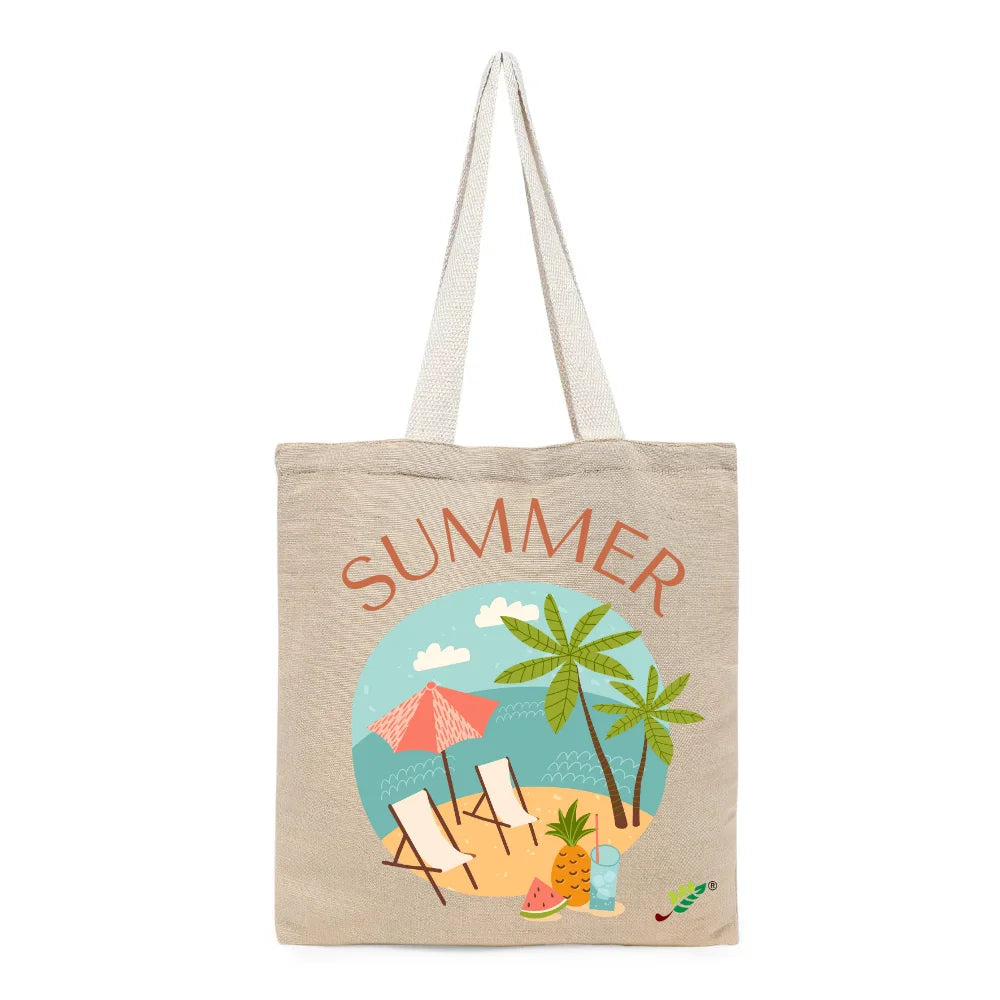 BYFT Tropical Beach Tote Bag – “SUMMER” Vacation Scene Printed Reusable Tote | Eco-Friendly Daily Carry Bag (Set of 1)