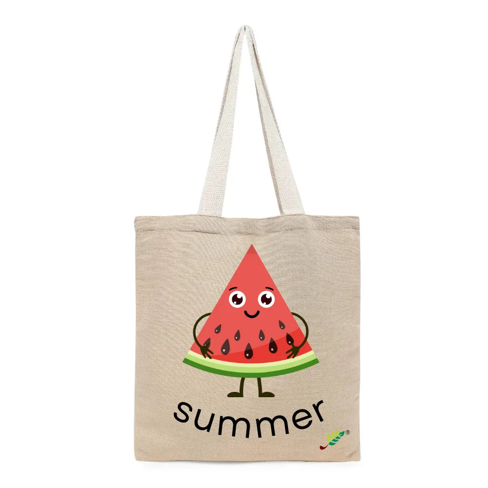 BYFT Happy Watermelon Slice Tote Bag – “Summer” Kawaii Fruit Character Reusable Tote | Eco-Friendly Daily Carry Bag (Set of 1)