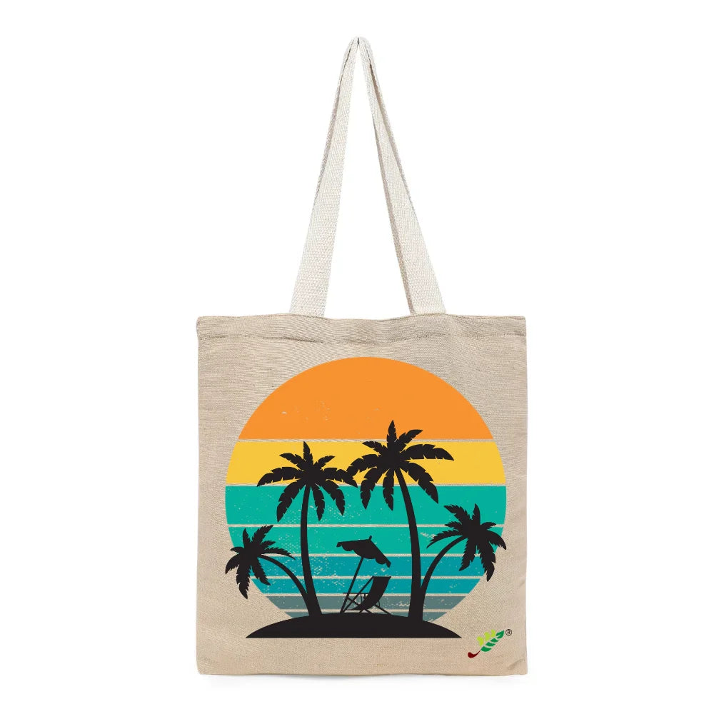 BYFT Retro Sunset & Palms Tote Bag – Vintage Tropical Beach Printed Reusable Tote | Eco-Friendly Daily Carry Bag (Set of 1)