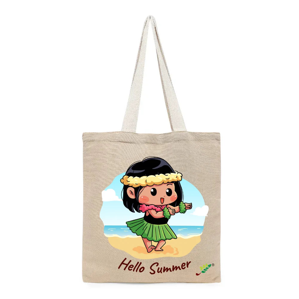 BYFT Little Island Dancer Tote Bag – “Hello Summer” Hula Girl Printed Reusable Tote | Eco-Friendly Daily Carry Bag (Set of 1)