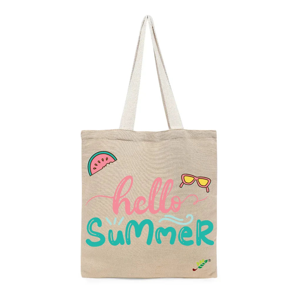 BYFT Tropical Beach Tote Bag – “Hello Summer” Script with Watermelon & Sunglasses Reusable Tote | Eco-Friendly Daily Carry Bag (Set of 1)