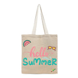 BYFT Tropical Beach Tote Bag – “Hello Summer” Script with Watermelon & Sunglasses Reusable Tote | Eco-Friendly Daily Carry Bag (Set of 1)