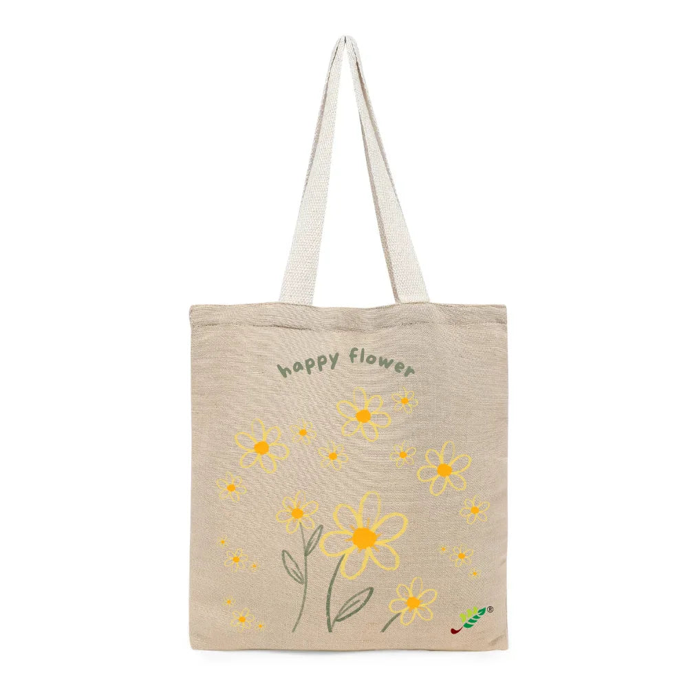 BYFT Whimsical Floral Tote Bag – “Happy Flower” Daisy Reusable Tote | Eco-Friendly Daily Carry Bag (Set of 1)