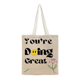 BYFT Retro "You're Doing Great" Tote Bag – Groovy Smiley Face & Floral Printed Reusable Tote | Eco-Friendly Daily Carry Bag (Set of 1)