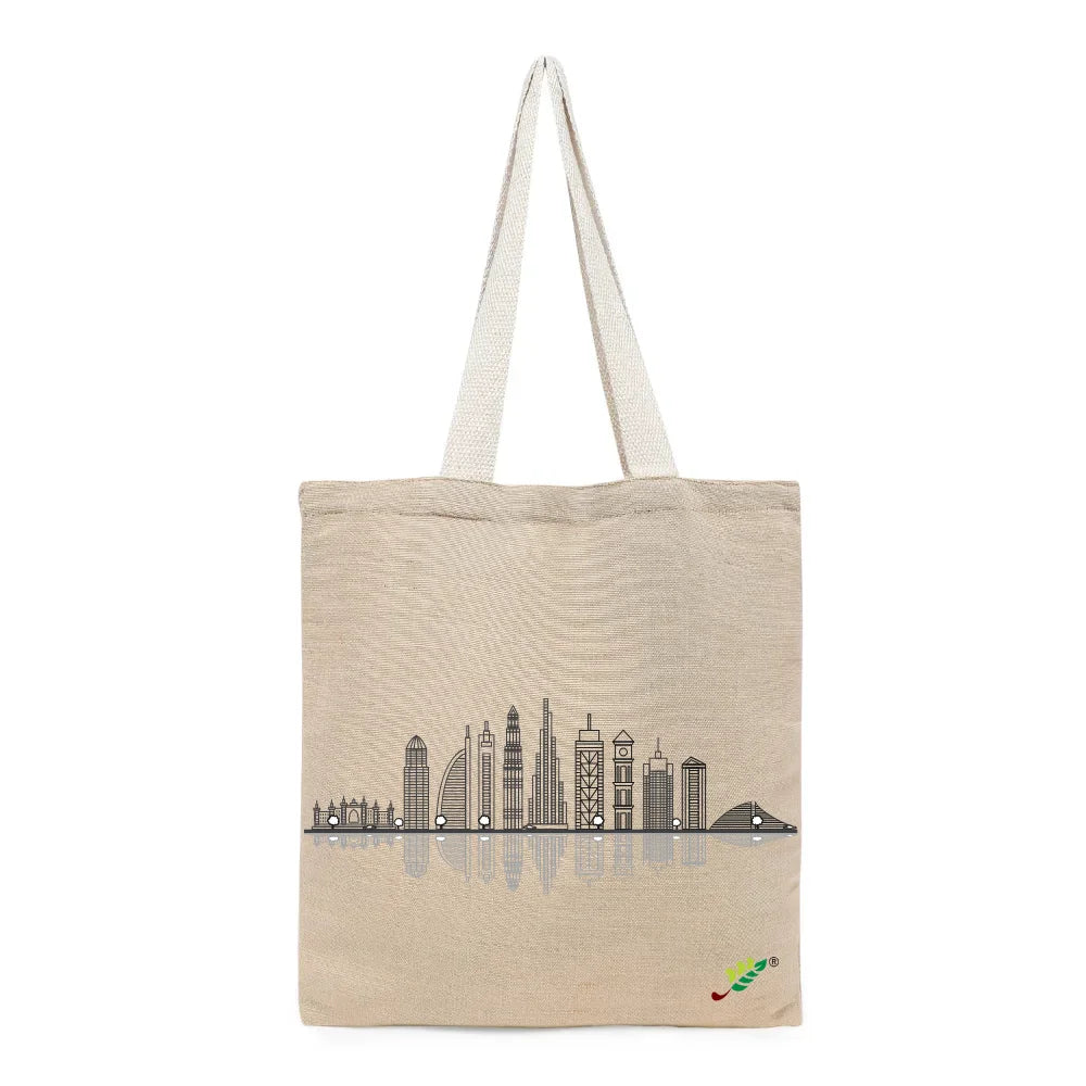 BYFT Modern Cityscape Tote Bag – Dubai Skyline Line Art Printed Reusable Tote | Eco-Friendly Daily Carry Bag (Set of 1)