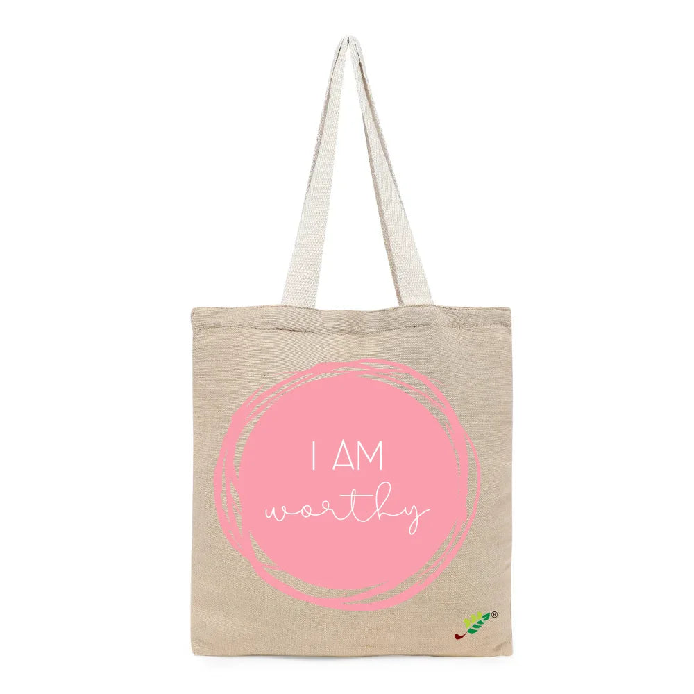 BYFT Affirmation Tote Bag – “I Am Worthy” Pink Artistic Circle Printed Reusable Tote | Eco-Friendly Daily Carry Bag (Set of 1)