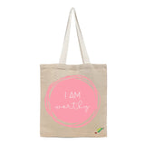 BYFT Affirmation Tote Bag – “I Am Worthy” Pink Artistic Circle Printed Reusable Tote | Eco-Friendly Daily Carry Bag (Set of 1)