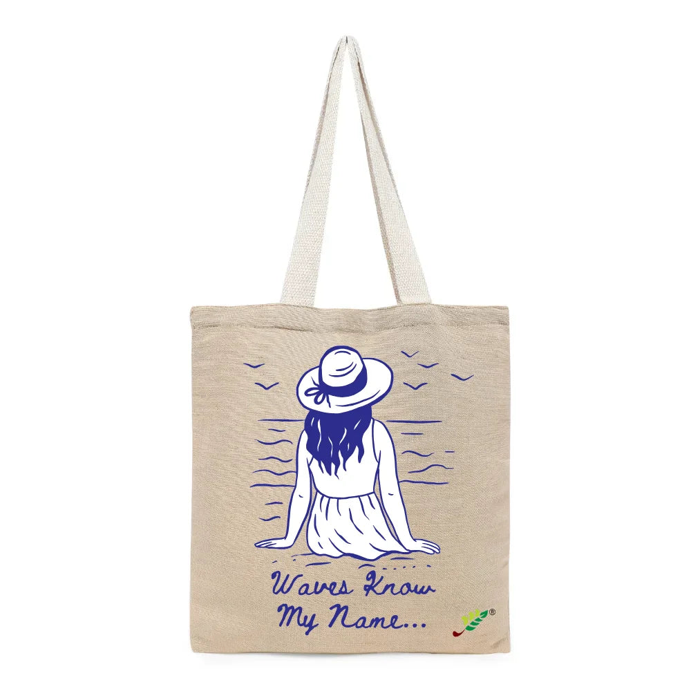BYFT Nautical Women's Tote Bag – “Waves Know My Name” Blue Reusable Tote | Eco-Friendly Daily Carry Bag (Set of 1)