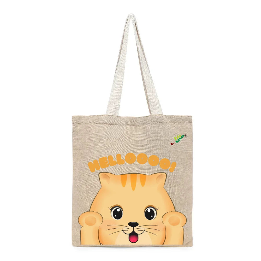 BYFT Friendly Cat Tote Bag – “HELLOOOO!” Ginger Kitten Printed Reusable Tote | Eco-Friendly Daily Carry Bag (Set of 1)