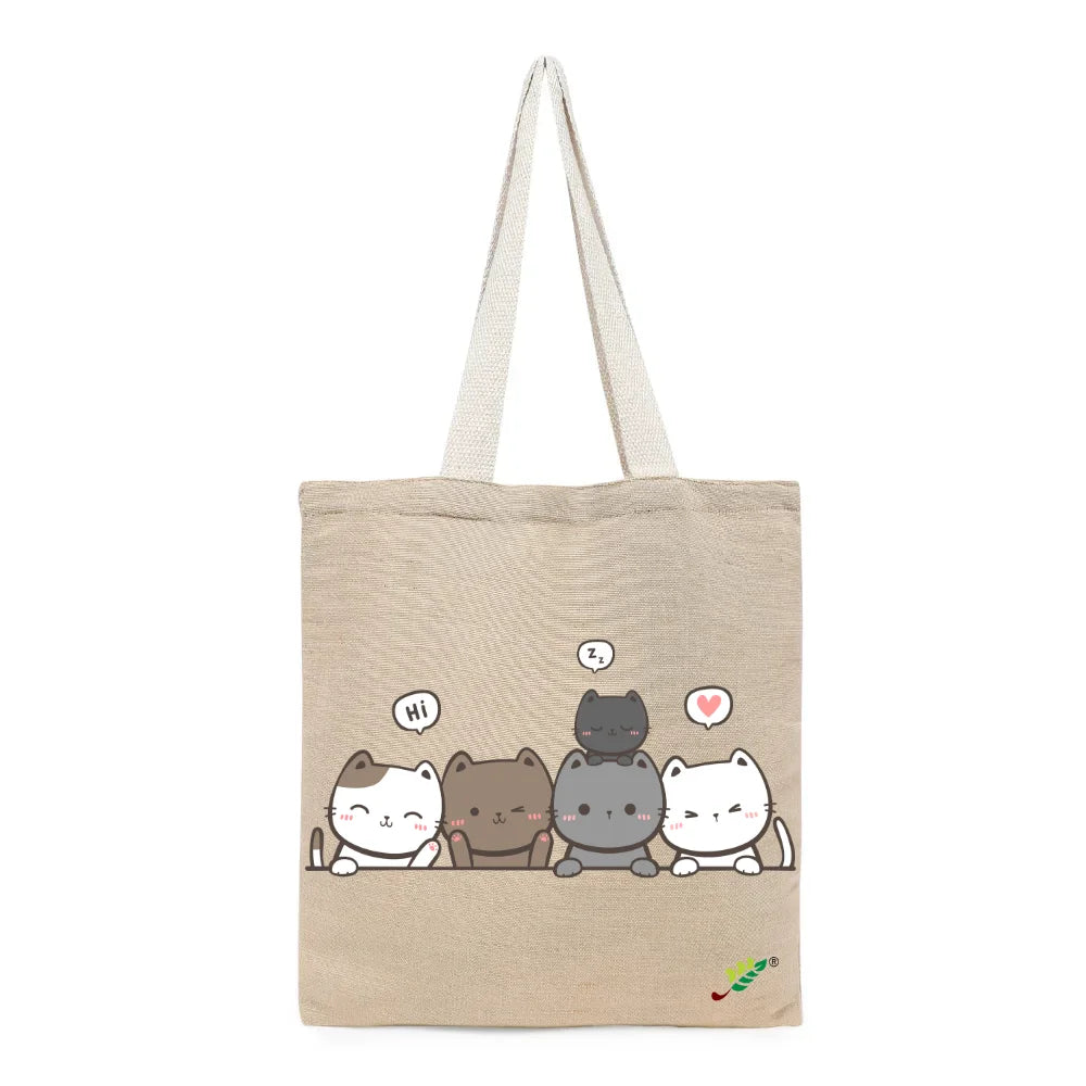 BYFT Adorable Feline Friends Tote Bag – Cute Kitty Printed Reusable Tote | Eco-Friendly Daily Carry Bag (Set of 1)