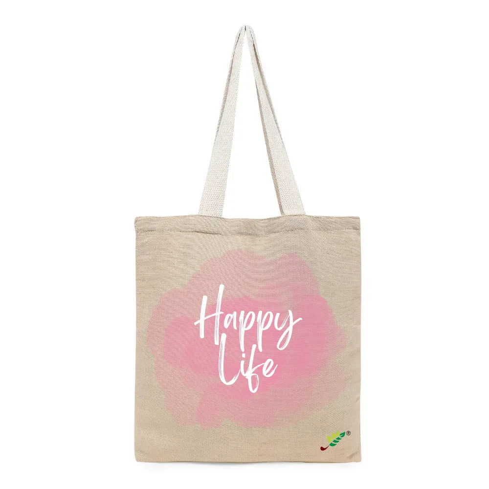 BYFT Aesthetic Lifestyle Tote Bag – “Happy Life” Printed Reusable Tote | Eco-Friendly Daily Carry Bag (Set of 1)