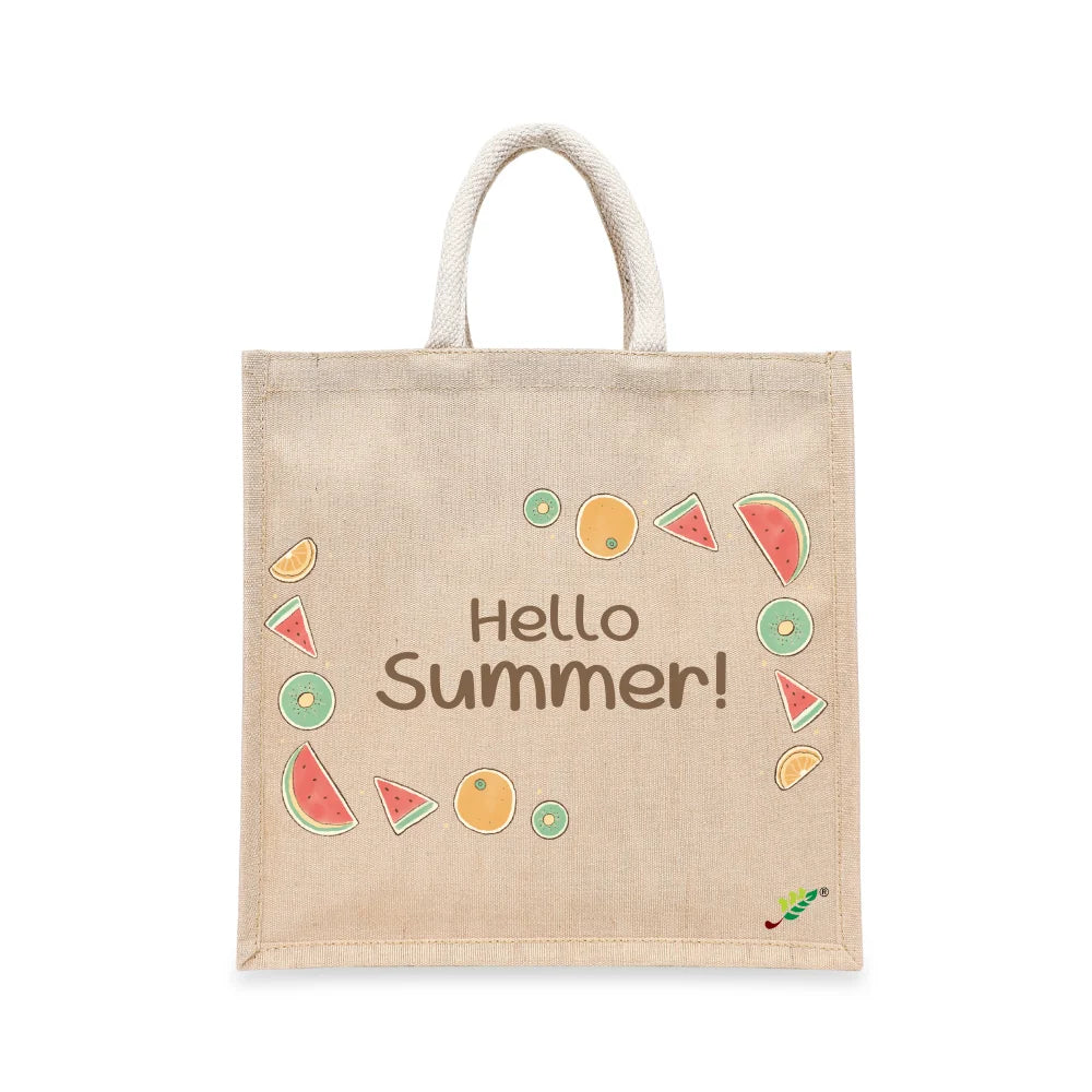 BYFT Summer Fruit Tote Bag – “Hello Summer!” Refreshing Watermelon & Kiwi Printed Reusable Tote | Eco-Friendly Daily Carry Bag (Set of 1)